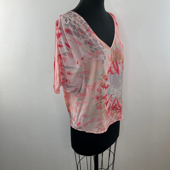S.Y.L.K. Pink XS Flutter Top Silk Tie Dye Print V-Neck Dolman Sleeve Pullover - Picture 4 of 9